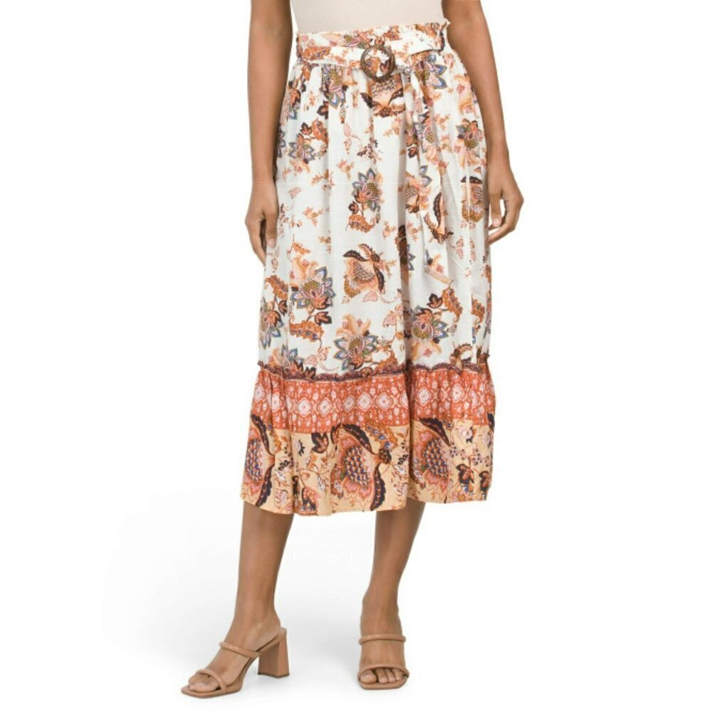 NWT RACHEL RACHEL ROY Women's Linen Belted Floral Print Midi Skirt